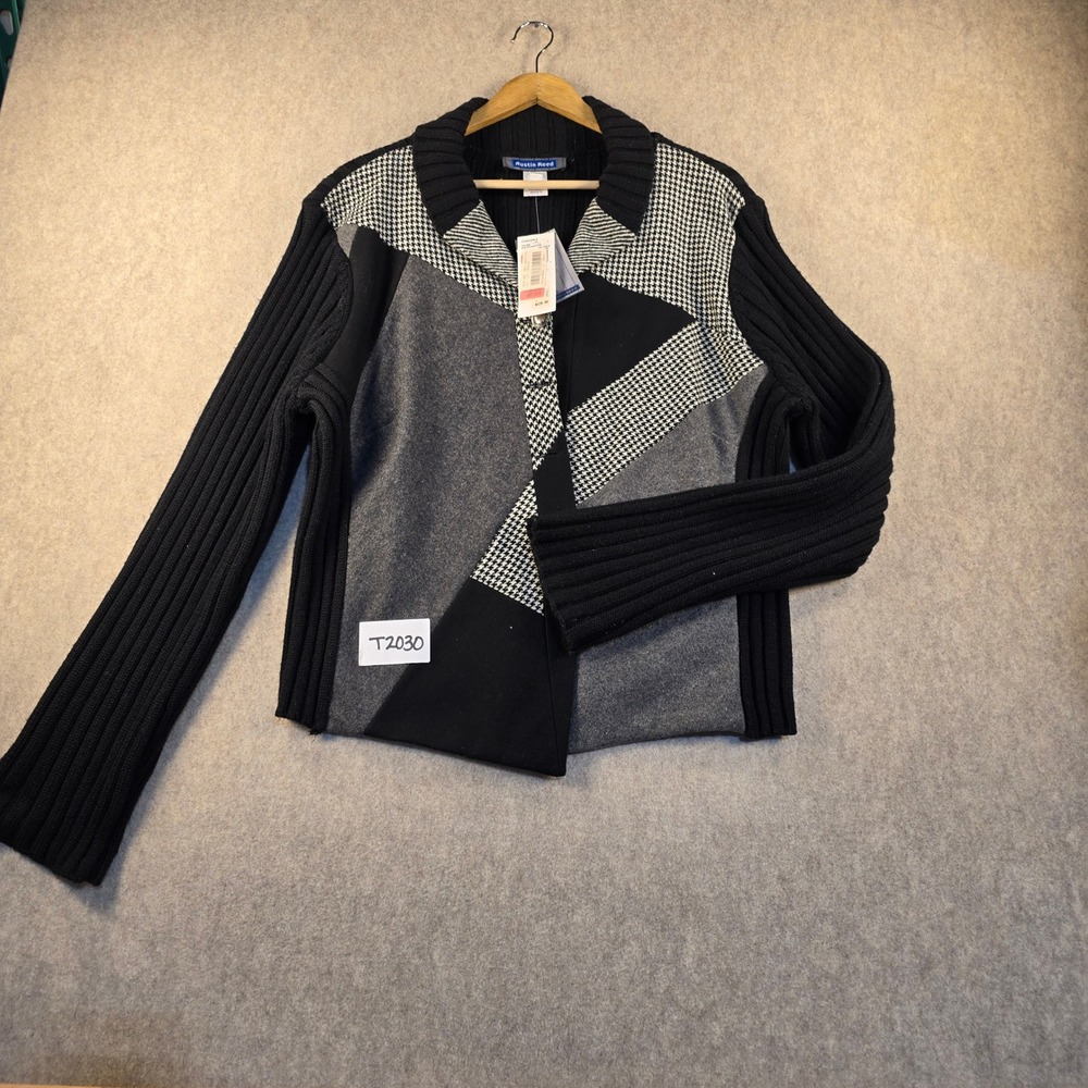 NWT Austin Reed Wmns XL Patchwork Cardigan Houndstooth Wool Blend Ribbed Sweater
